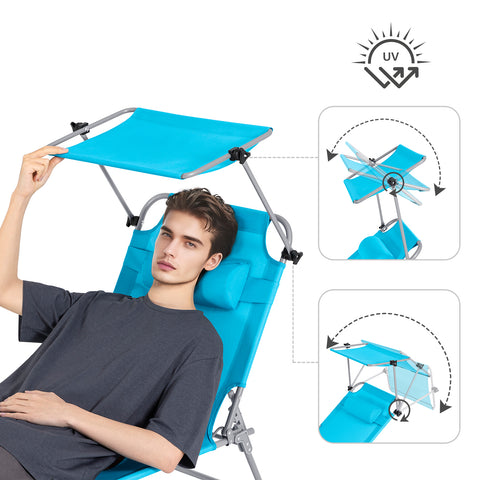 SoBuy Taitettava Aurinkotuoli Niskatuella & Säädettävällä Aurinkosuojalla – Puutarhaan tai Parvekkeelle | Sininen OGS48-B