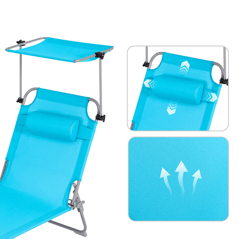 SoBuy 2 x Taitettava Aurinkotuoli Niskatuella & Säädettävällä Aurinkosuojalla – Puutarhaan tai Parvekkeelle | Sininen OGS48-Bx2