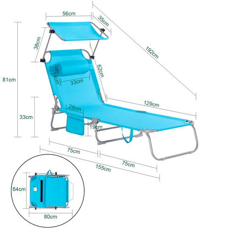 SoBuy 2 x Taitettava Aurinkotuoli Niskatuella & Säädettävällä Aurinkosuojalla – Puutarhaan tai Parvekkeelle | Sininen OGS48-Bx2