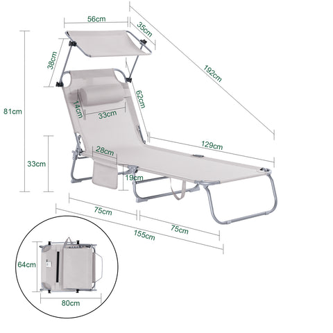 SoBuy Taitettava Aurinkotuoli Niskatuella & Säädettävällä Aurinkosuojalla – Puutarhaan tai Parvekkeelle | Beige OGS48-MI