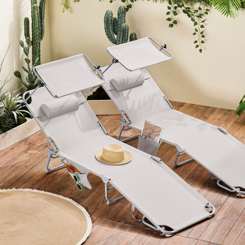 SoBuy Taitettava Aurinkotuoli Niskatuella & Säädettävällä Aurinkosuojalla – Puutarhaan tai Parvekkeelle | Beige OGS48-MI