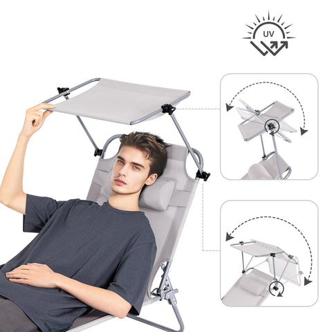 SoBuy Taitettava Aurinkotuoli Niskatuella & Säädettävällä Aurinkosuojalla – Puutarhaan tai Parvekkeelle | Beige OGS48-MI