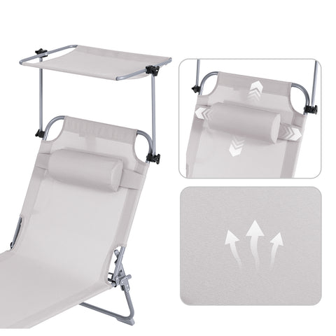 SoBuy Taitettava Aurinkotuoli Niskatuella & Säädettävällä Aurinkosuojalla – Puutarhaan tai Parvekkeelle | Beige OGS48-MI