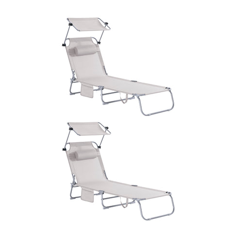 SoBuy 2 x Taitettava Aurinkotuoli Niskatuella & Säädettävällä Aurinkosuojalla – Puutarhaan tai Parvekkeelle | Beige OGS48-MIx2