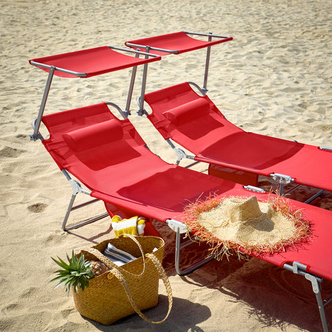 SoBuy 2 x Taitettava Aurinkotuoli Niskatuella & Säädettävällä Aurinkosuojalla – Puutarhaan tai Parvekkeelle | Punainen OGS48-Rx2