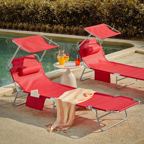 SoBuy 2 x Taitettava Aurinkotuoli Niskatuella & Säädettävällä Aurinkosuojalla – Puutarhaan tai Parvekkeelle | Punainen OGS48-Rx2