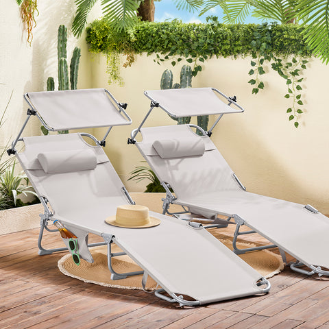 SoBuy 2 x Taitettava Aurinkotuoli Niskatuella & Säädettävällä Aurinkosuojalla – Puutarhaan tai Parvekkeelle | Beige OGS48-MIx2