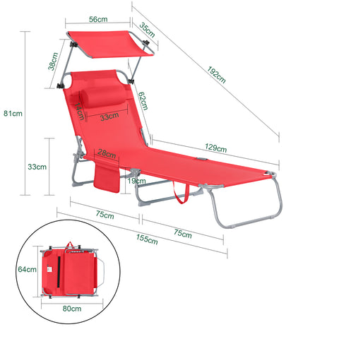 SoBuy Taitettava Aurinkotuoli Niskatuella & Säädettävällä Aurinkosuojalla – Puutarhaan tai Parvekkeelle | Punainen OGS48-R