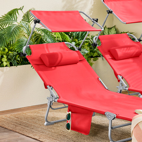 SoBuy Taitettava Aurinkotuoli Niskatuella & Säädettävällä Aurinkosuojalla – Puutarhaan tai Parvekkeelle | Punainen OGS48-R