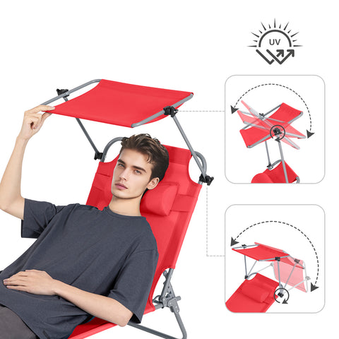 SoBuy 2 x Taitettava Aurinkotuoli Niskatuella & Säädettävällä Aurinkosuojalla – Puutarhaan tai Parvekkeelle | Punainen OGS48-Rx2
