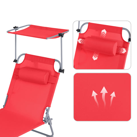 SoBuy 2 x Taitettava Aurinkotuoli Niskatuella & Säädettävällä Aurinkosuojalla – Puutarhaan tai Parvekkeelle | Punainen OGS48-Rx2