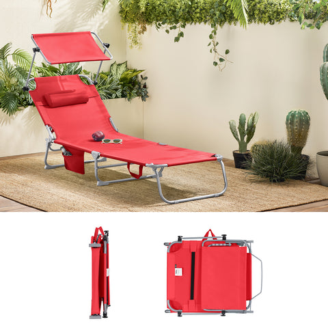 SoBuy 2 x Taitettava Aurinkotuoli Niskatuella & Säädettävällä Aurinkosuojalla – Puutarhaan tai Parvekkeelle | Punainen OGS48-Rx2