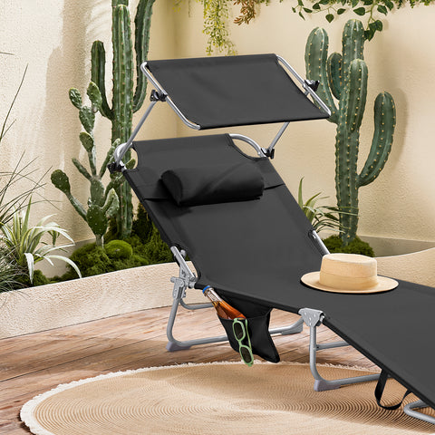 SoBuy Taitettava Aurinkotuoli Niskatuella & Säädettävällä Aurinkosuojalla – Puutarhaan tai Parvekkeelle | Musta OGS48-SCH