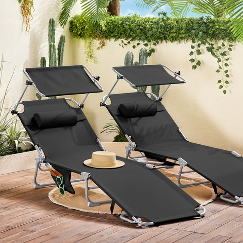 SoBuy Taitettava Aurinkotuoli Niskatuella & Säädettävällä Aurinkosuojalla – Puutarhaan tai Parvekkeelle | Musta OGS48-SCH