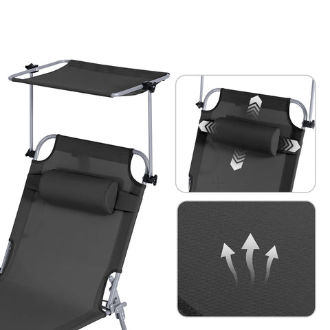 SoBuy Taitettava Aurinkotuoli Niskatuella & Säädettävällä Aurinkosuojalla – Puutarhaan tai Parvekkeelle | Musta OGS48-SCH