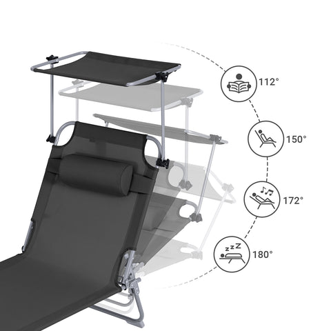 SoBuy 2 x Taitettava Aurinkotuoli Niskatuella & Säädettävällä Aurinkosuojalla – Puutarhaan tai Parvekkeelle | Musta OGS48-SCHx2