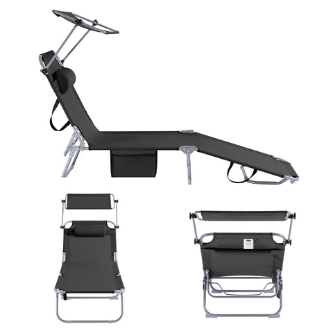 SoBuy Taitettava Aurinkotuoli Niskatuella & Säädettävällä Aurinkosuojalla – Puutarhaan tai Parvekkeelle | Musta OGS48-SCH