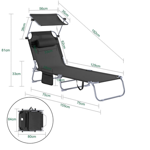 SoBuy 2 x Taitettava Aurinkotuoli Niskatuella & Säädettävällä Aurinkosuojalla – Puutarhaan tai Parvekkeelle | Musta OGS48-SCHx2