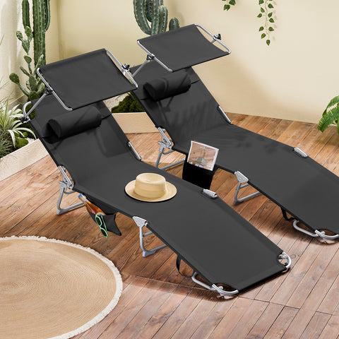 SoBuy 2 x Taitettava Aurinkotuoli Niskatuella & Säädettävällä Aurinkosuojalla – Puutarhaan tai Parvekkeelle | Musta OGS48-SCHx2