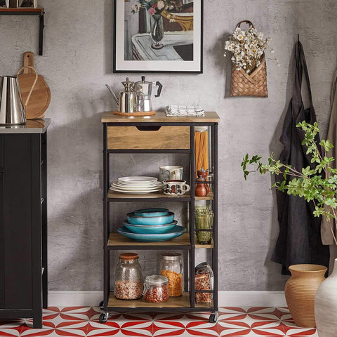 Ennakkomyynti SoBuy Keittiökaappi Pyörillä puukuitulevyä ja Metalli Ruskea FKW99-N