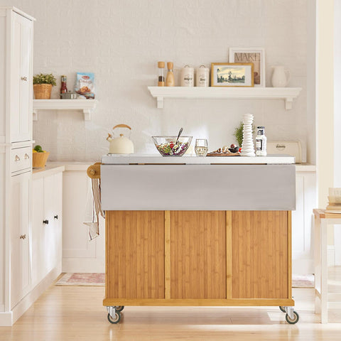 SoBuy Keittiösaareke Pyörillä bambupuuta ja ruostumatonta Metalli Beige FKW69-N